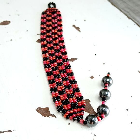 Hematite Gemstone Beaded Checker Bracelet, Adjustable Seed Bead Bracelet - Picture 5 of 11